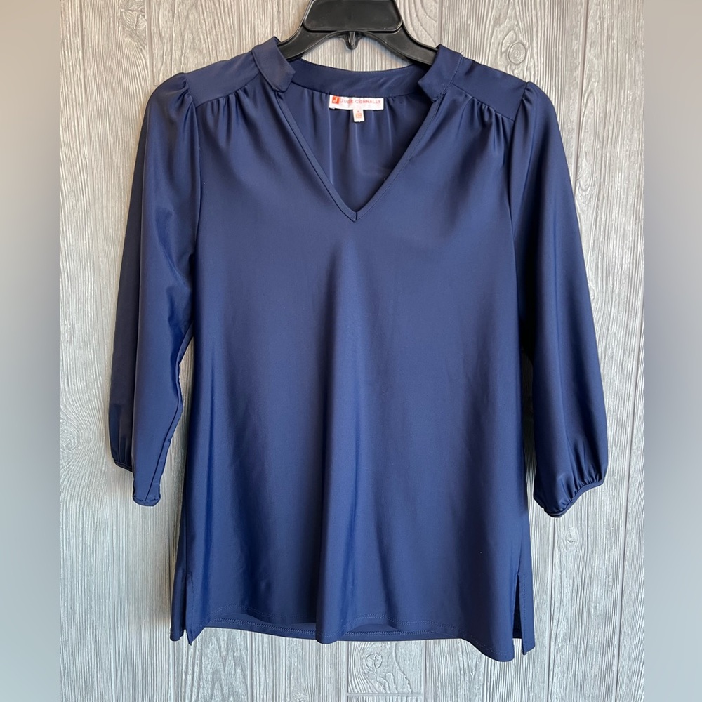 Jude Connally Navy Blue Notch Neck Tunic Top Small 3/4 Sleeve Stretch Blouse